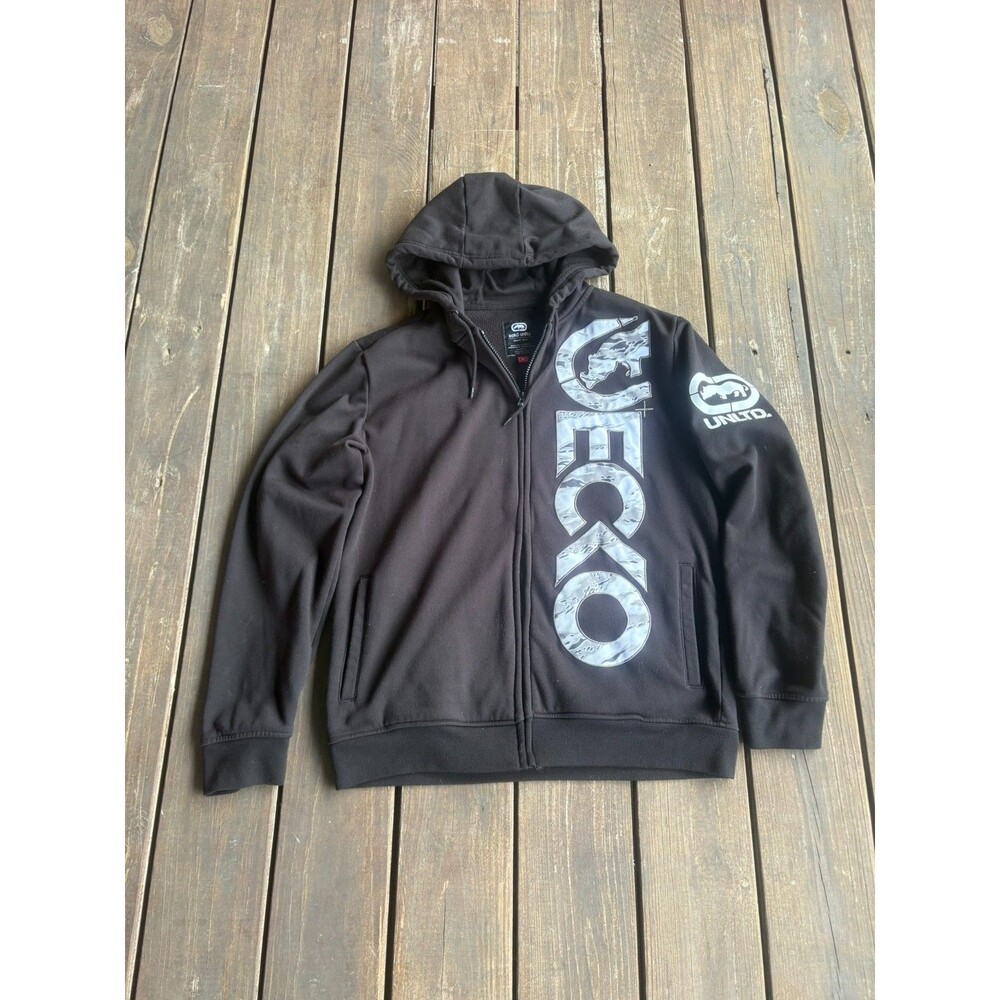 Ecko Hoodie Mens M Camo Black Full Zip Logo Unltd. Pullover Rhino Streetwear Y2K
